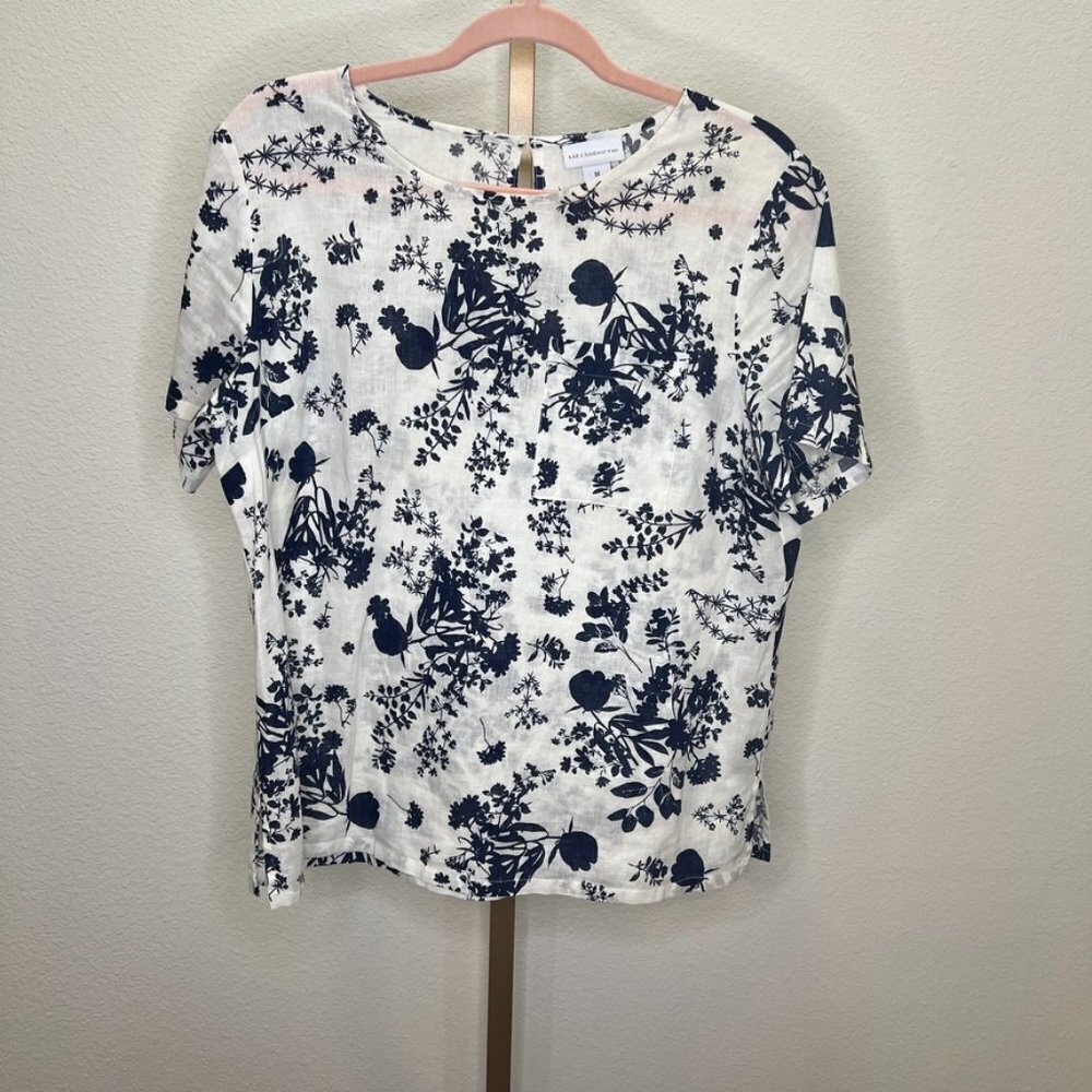 Liz Claiborne Floral Blouse Linen/Cotton Blend Sz M Loose Fitting Short Sleeve